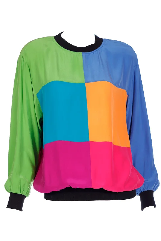 1980s Emanuel Ungaro Parallele Colorblock Silk Sweatshirt Style Top