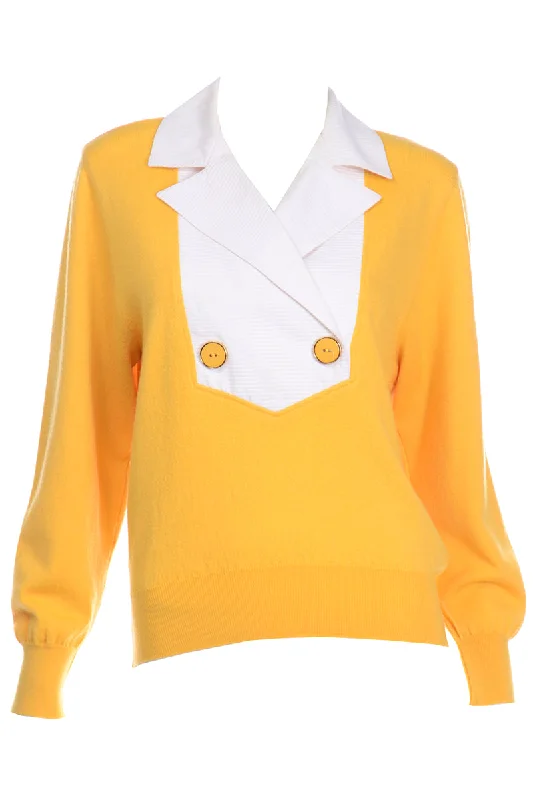 1980s Valentino Yellow Wool Sweater Top With White Collar & Yoke