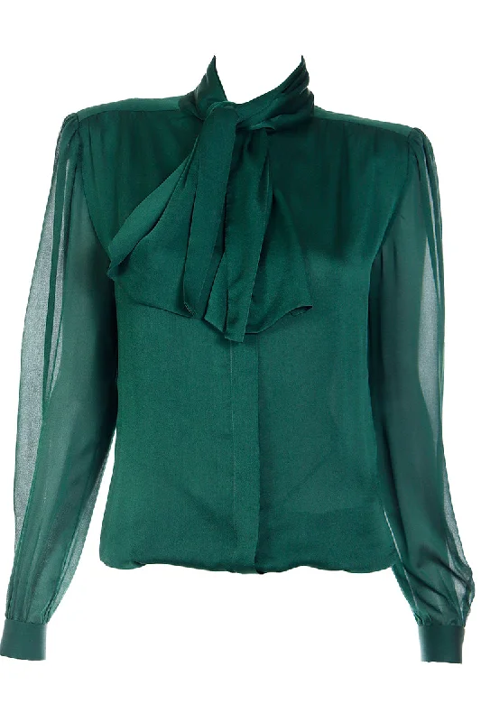 1990s Valentino Couture Green Silk Bow Blouse w Sheer Sleeves