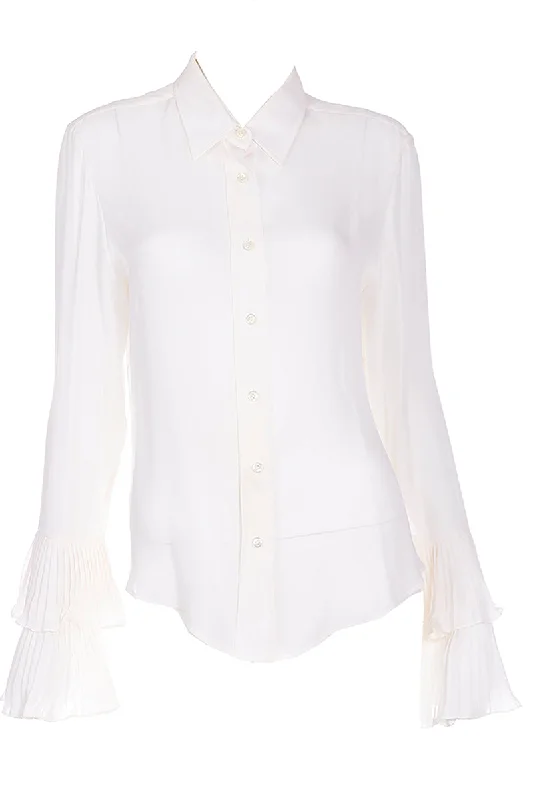 Deadstock 2000s Oscar de la Renta Ivory Silk Blouse w Ruffled Sleeve Cuffs