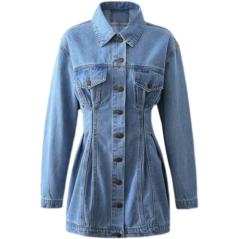 Winter Vintage Washed Denim Dress Fashion Slim Fit Button Dress Turndown Collar Denim Jacket Dress