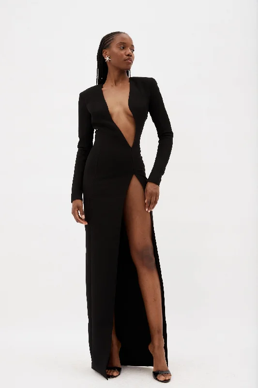 Asymmetric Black V Neck Long Sleeve Maxi Dress