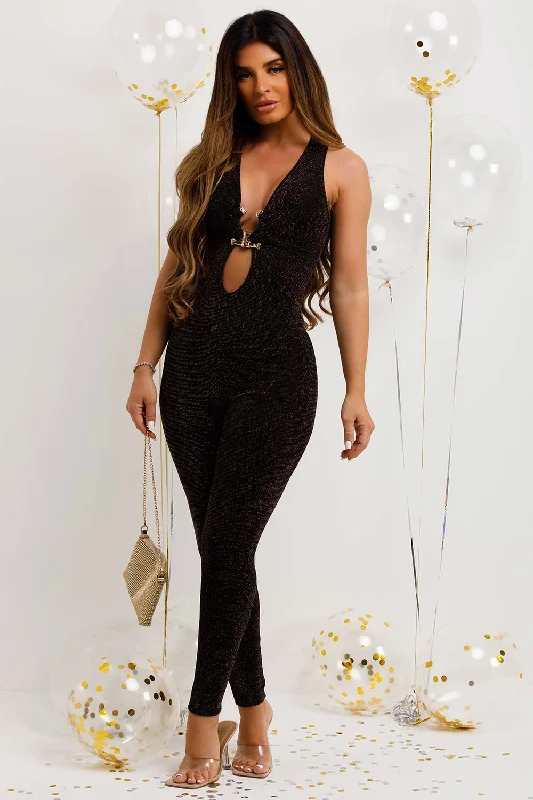 Black Jumpsuit With Gold Buckle In Lurex