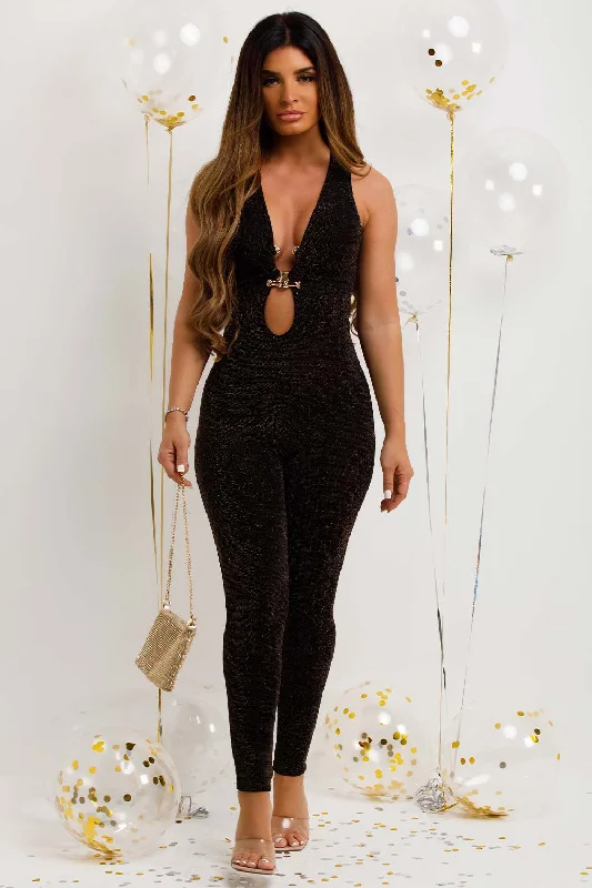 Black Jumpsuit With Gold Buckle In Lurex