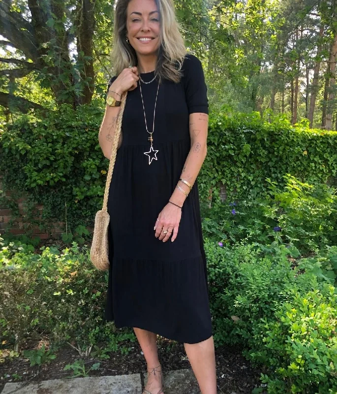 Black Tiered Jersey Midi Dress