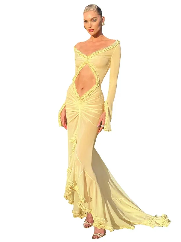 Spring Color Mesh See Through Low Cut Sexy Floor Tassel Long Sleeve Evening Maxi Dress