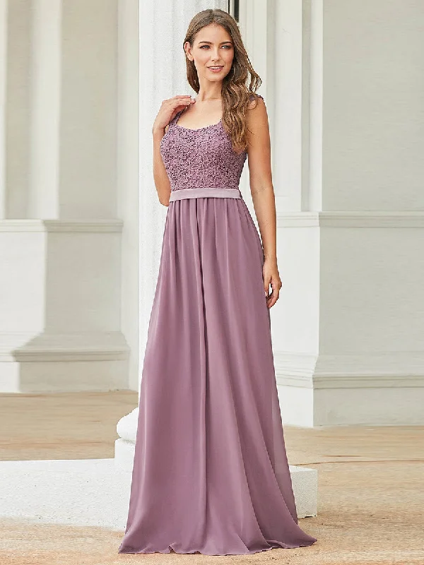 Elegant A Line Chiffon Wholesale Bridesmaid Dress With Lace Bodice