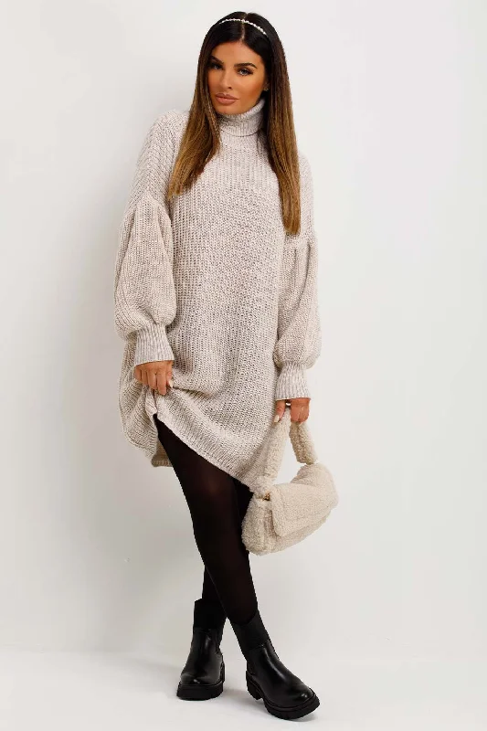 Jumper Dress With Long Puff Sleeves Beige