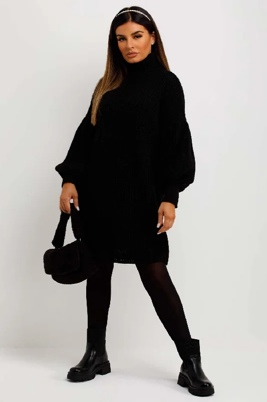 Jumper Dress With Long Puff Sleeves Black