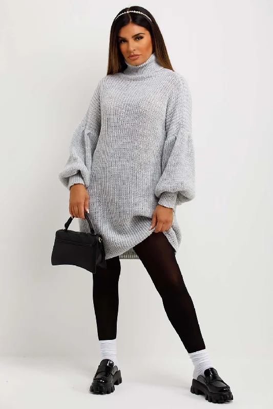 Jumper Dress With Long Puff Sleeves Grey