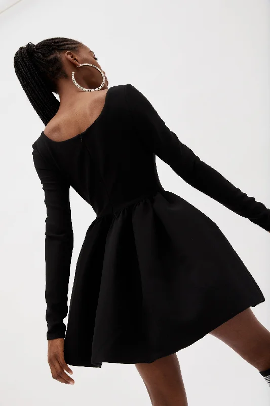 Long Sleeve Black Wool Babydoll Dress