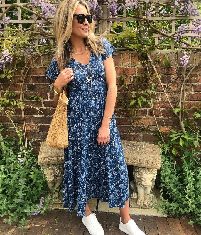 Navy Botanical Midi Dress