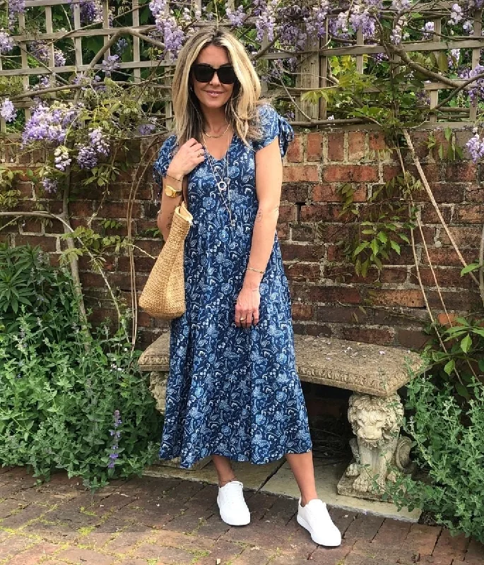 Navy Botanical Midi Dress