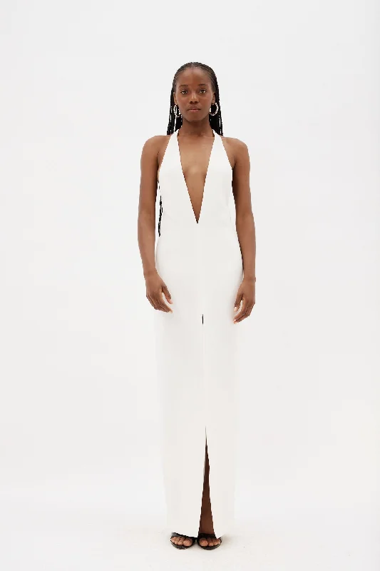 Plunge White V Dress with Front Slit