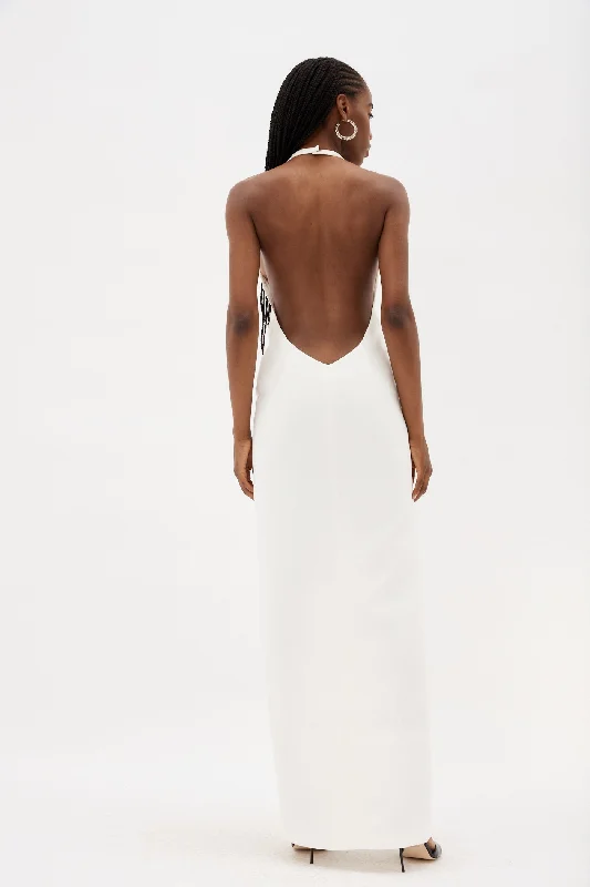 Plunge White V Dress with Front Slit