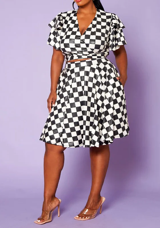 Hi Curvy Plus Size Checkered Print Wrap Top & Flare Skirt Set