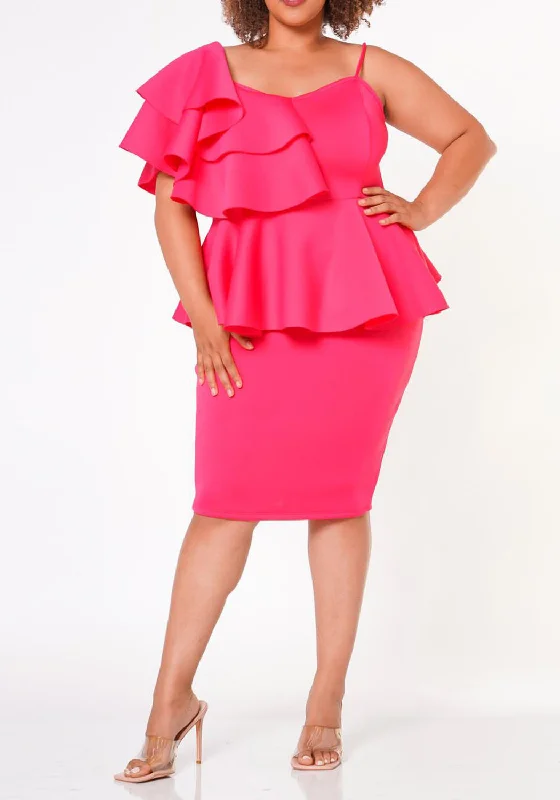 HI Curvy Plus Size Women Ruffle One Sleeve Peplum Dress