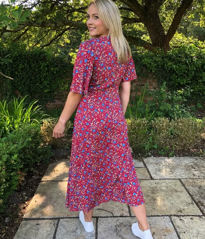 Red Floral Cecile Midi Dress