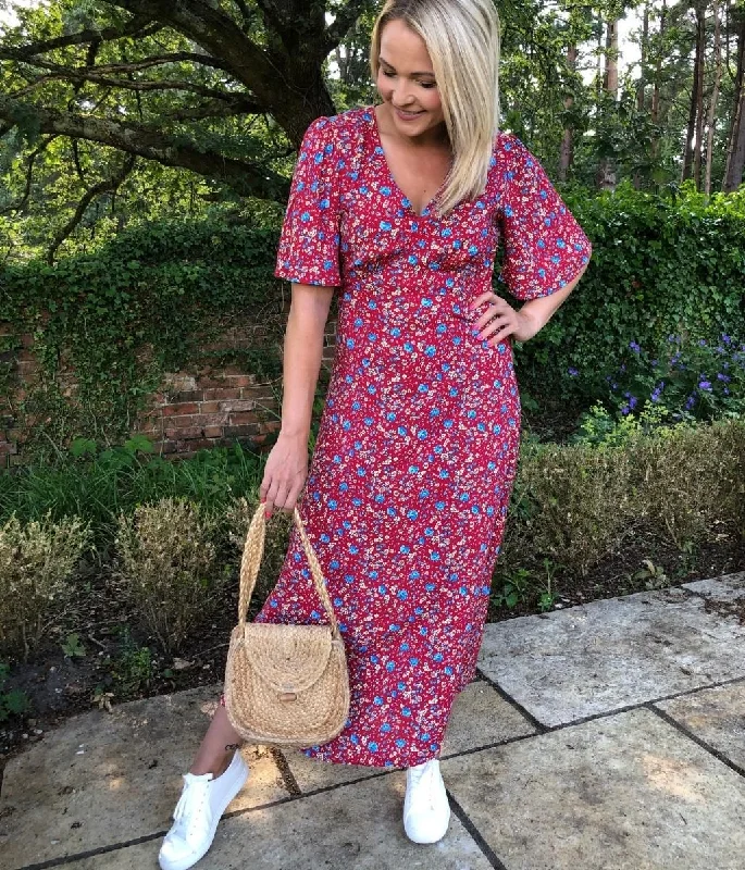 Red Floral Cecile Midi Dress