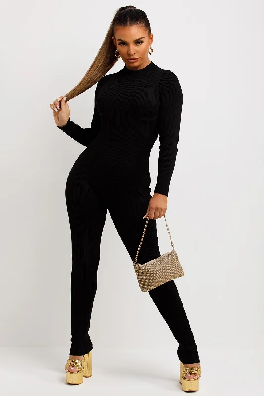 Rib Jumpsuit With Long Sleeves Structured Contour Unitard Black