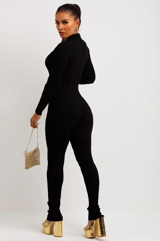 Rib Jumpsuit With Long Sleeves Structured Contour Unitard Black