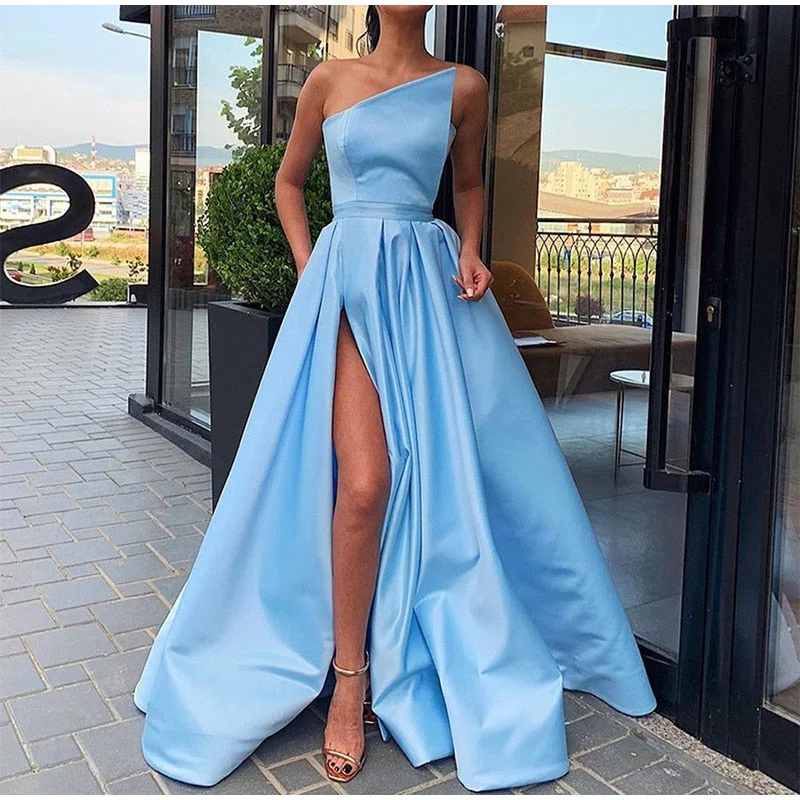 FashionSierra - Off Shoulder Slit Floor Length Satin A Line High Waist Dress