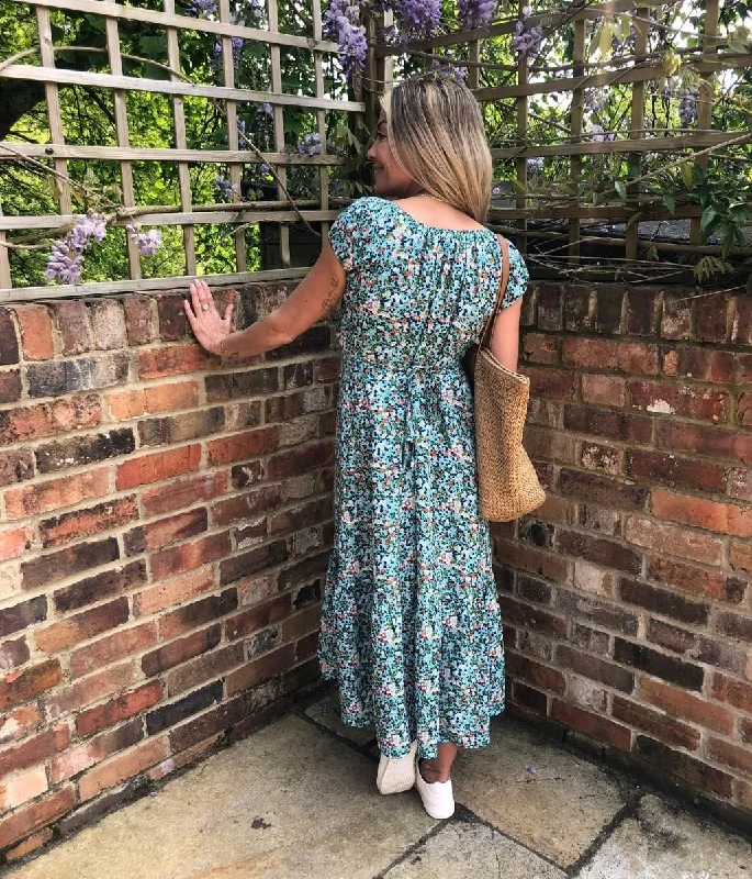 Turquoise Ditsy Scoop Neck Dress