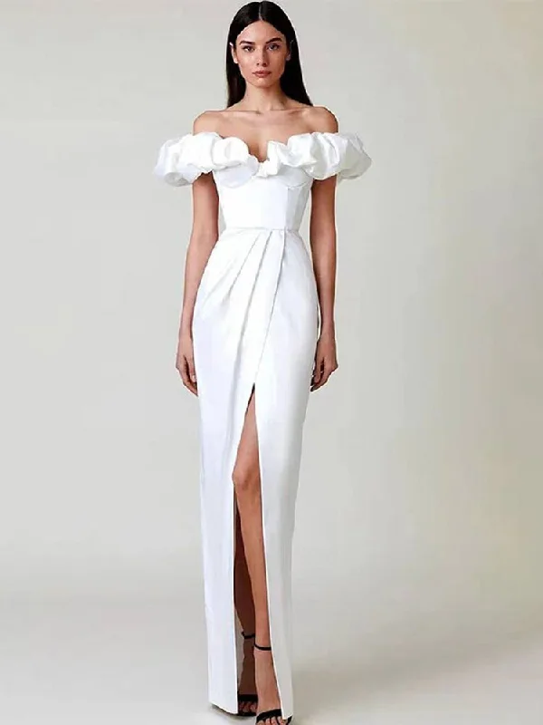 FashionSierra - One-Shoulder Puff Sleeve Wrap Chest Slit Long Dress