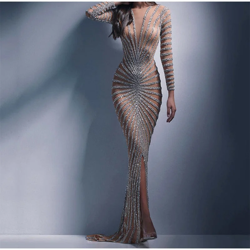 FashionSierra - Mesh Sequins Split Fishtail V Neck Long Sleeve Maxi Dress