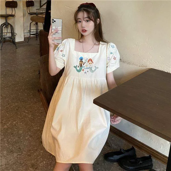 Women's Cute Little Mermaid Embroidered Square Collar Loose Dresses