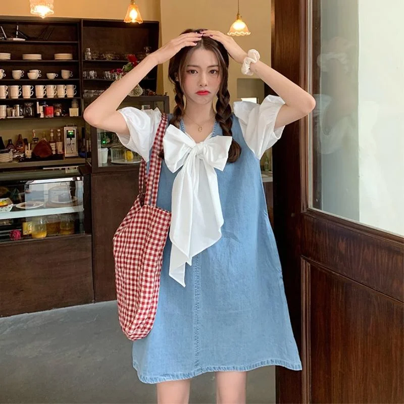 Women's Double Colored Denim Spliced Dresses