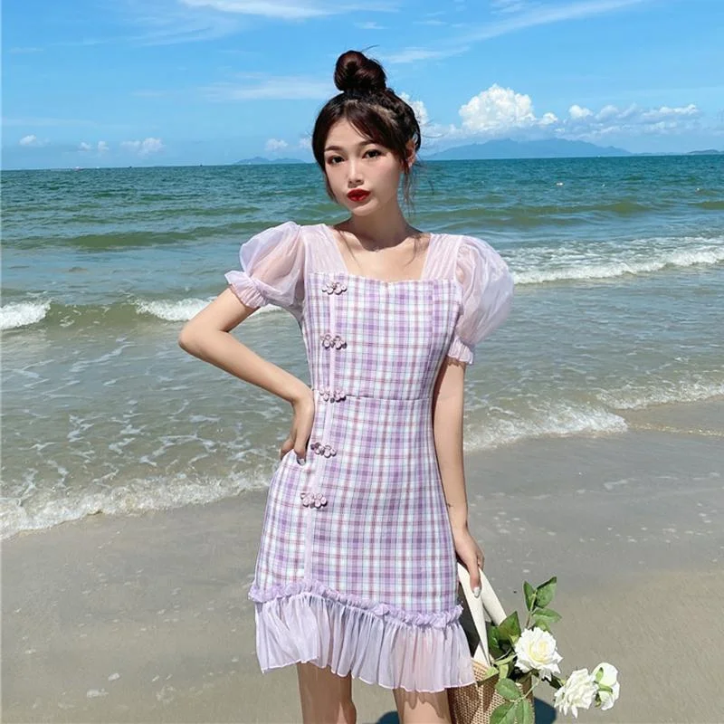 Women's Gauze Spliced Retro Plaid Cheong-sam Dresses