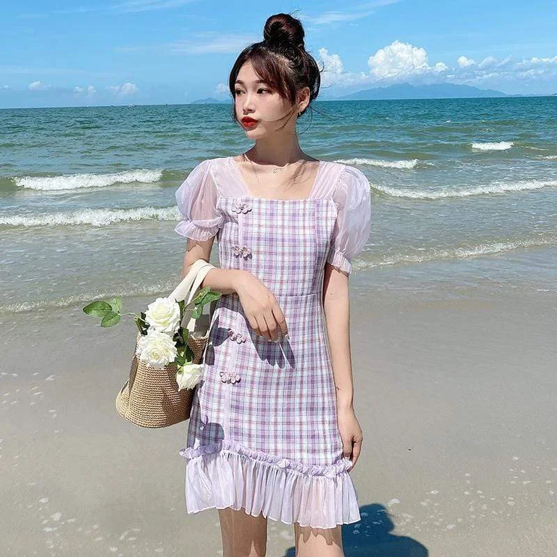 Women's Gauze Spliced Retro Plaid Cheong-sam Dresses