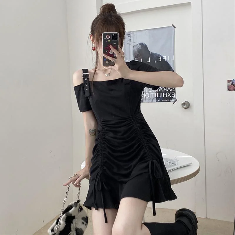 Women's Gothic Off-the-shoulder Buckle-up Drawstring Dresses