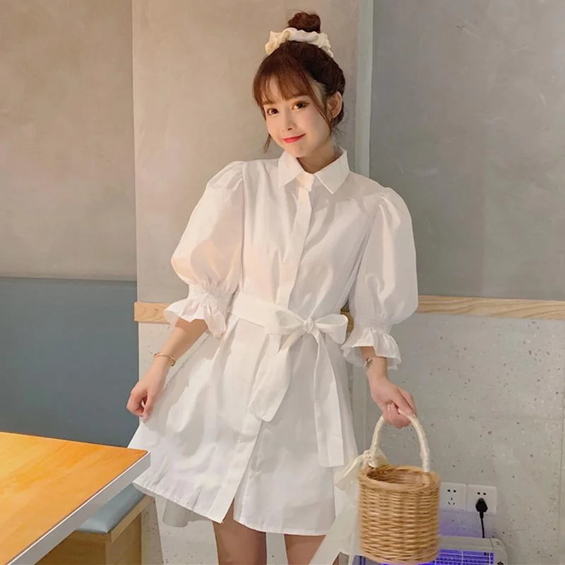 Women's Harajuku Lace-up Flare Sleeved Shirt Dresses