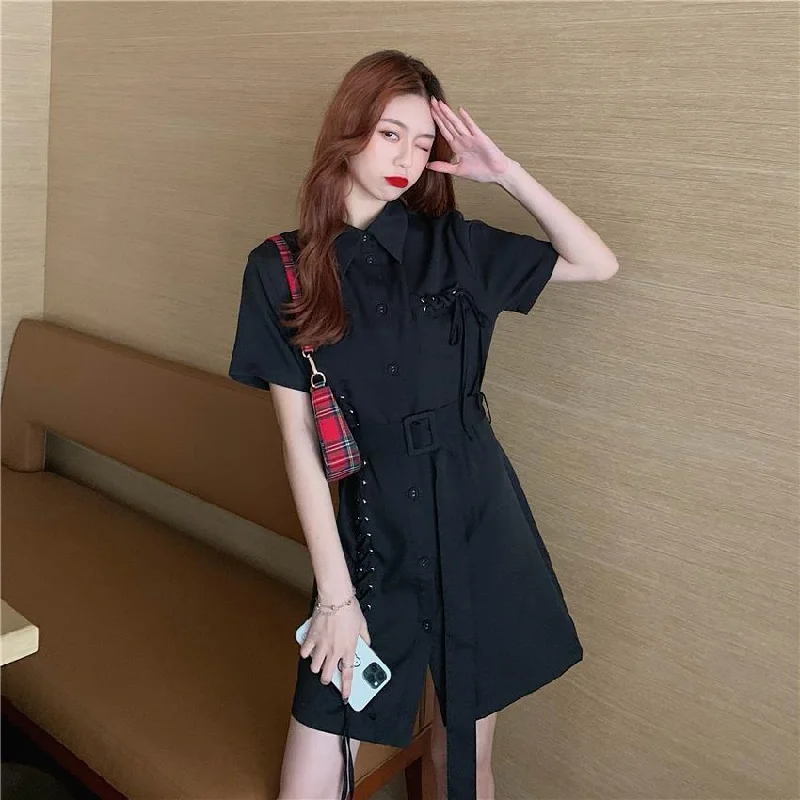 Women's Sweet Side Drawstring Single-breasted Shirt Dresses