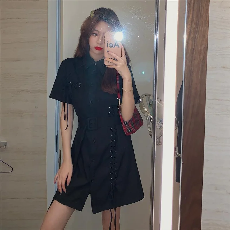 Women's Sweet Side Drawstring Single-breasted Shirt Dresses