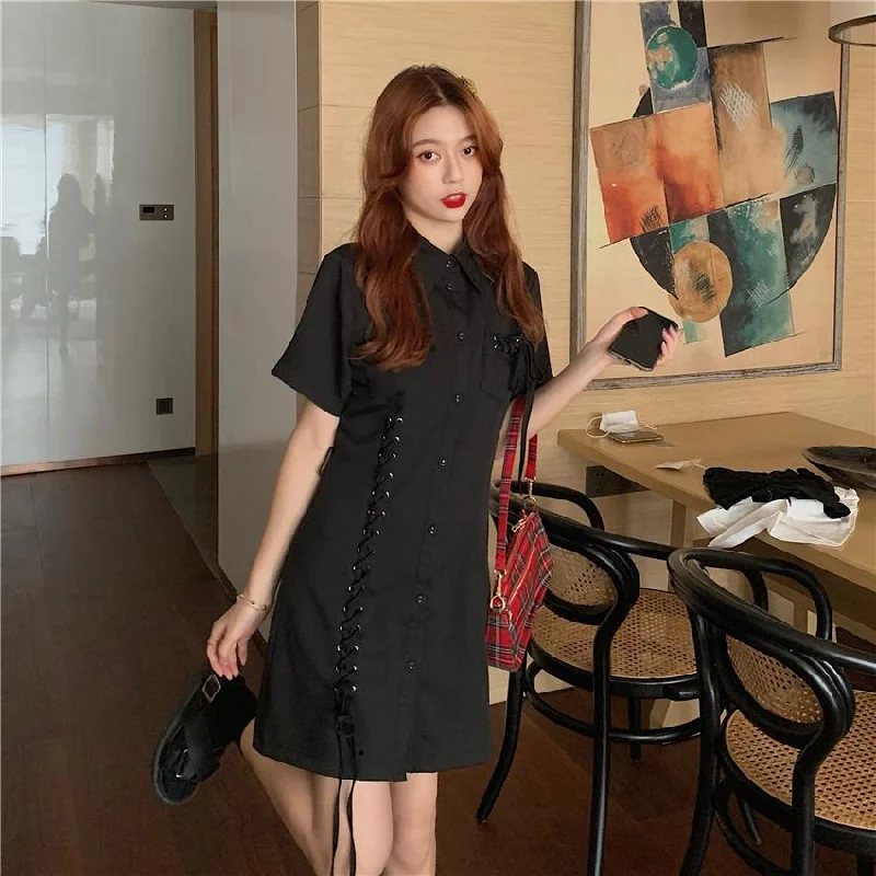 Women's Sweet Side Drawstring Single-breasted Shirt Dresses