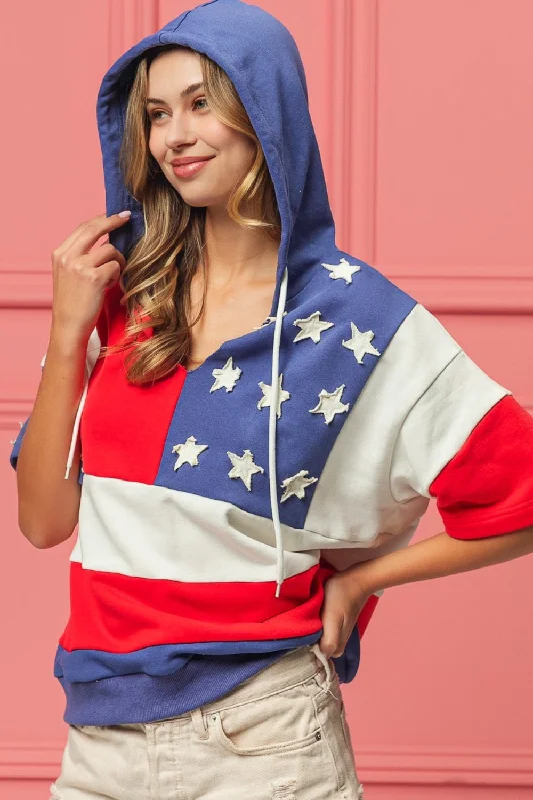 Hot Girl American Flag Theme Short Sleeve Hoodie