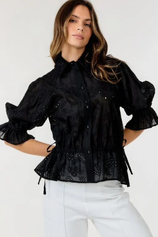 Hot Girl Eyelet Collared Neck Embroidered In Black Short Sleeve Top