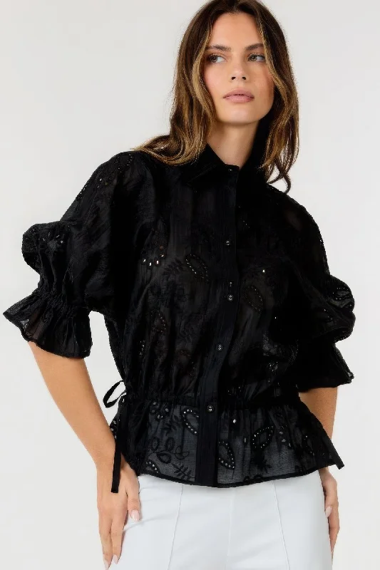 Hot Girl Eyelet Collared Neck Embroidered In Black Short Sleeve Top