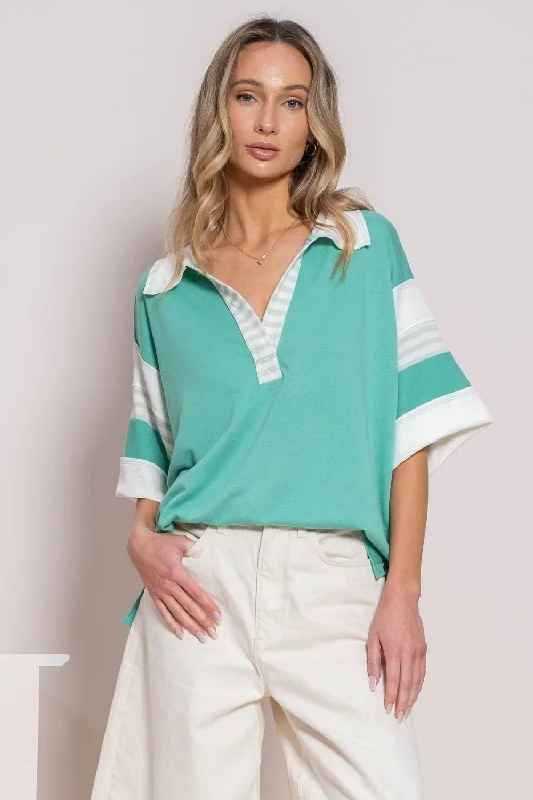 Hot Girl Hailey & Co Contrast Stripe Polo In Green Short Sleeve Shirt