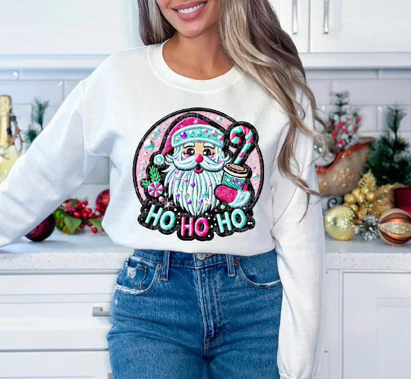 Ho Ho Ho Pink Santa Faux Embroidery  Sweatshirt