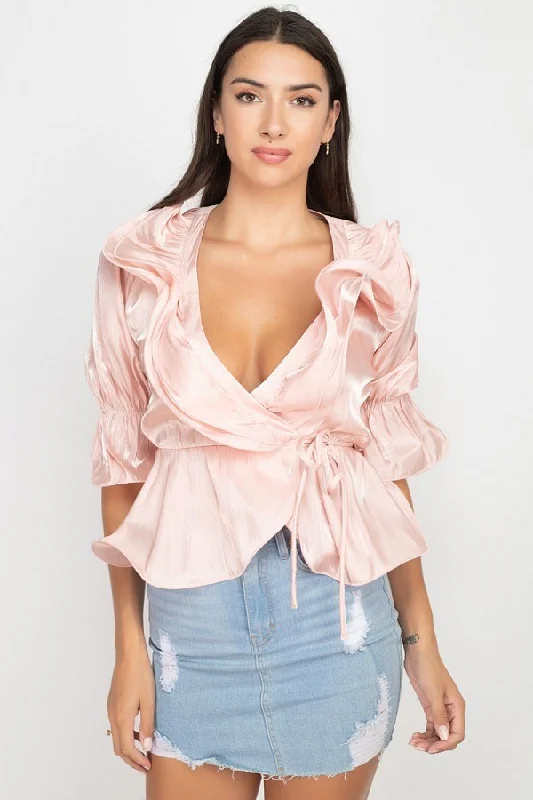 Hot Girl Pippa Ruffle Peplum In Petal Pink Short Sleeve Top