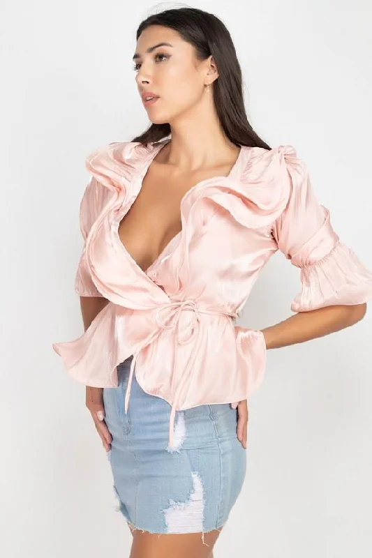 Hot Girl Pippa Ruffle Peplum In Petal Pink Short Sleeve Top