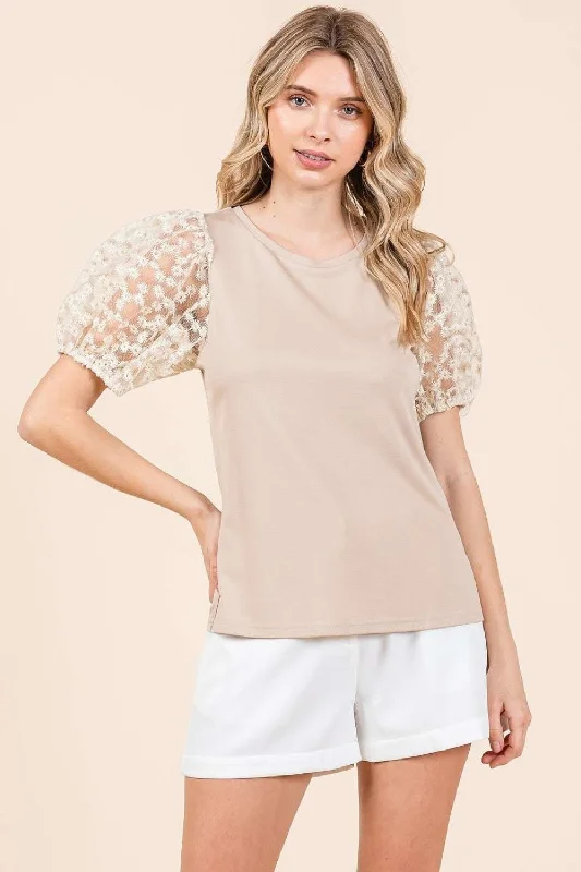 Hot Girl Mitto Puff Mesh In Beige Short Sleeve Top