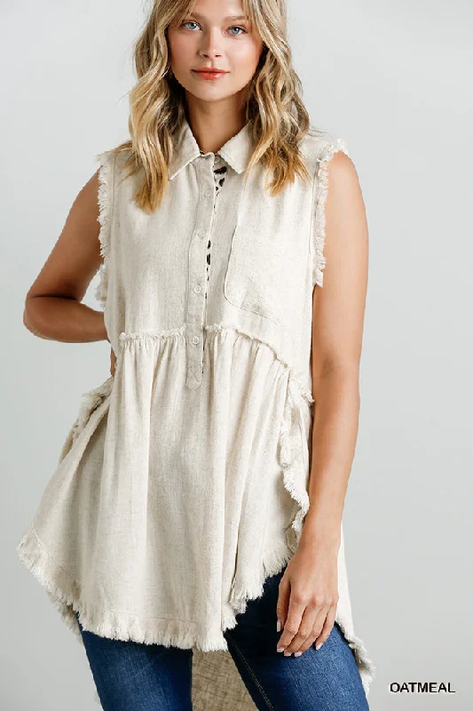 Hot Girl Linen Buttoned Frayed Hem Tunic Top In Oatmeal Short Sleeve Top