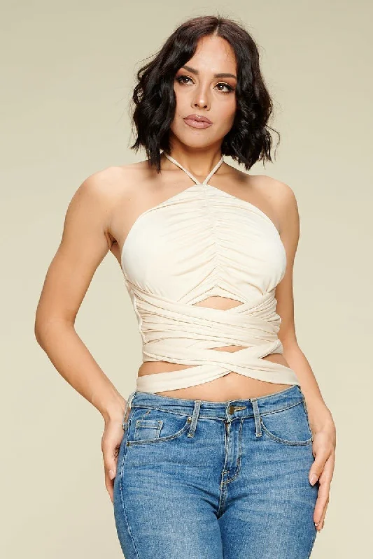 Hot Girl Wrap Cropped Halter In Cream Short Sleeve Top